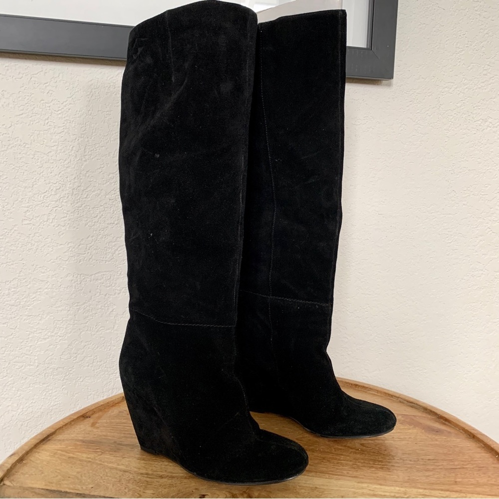 Nine West Women's Tall Black Suede Wedge Boots Size 7.5